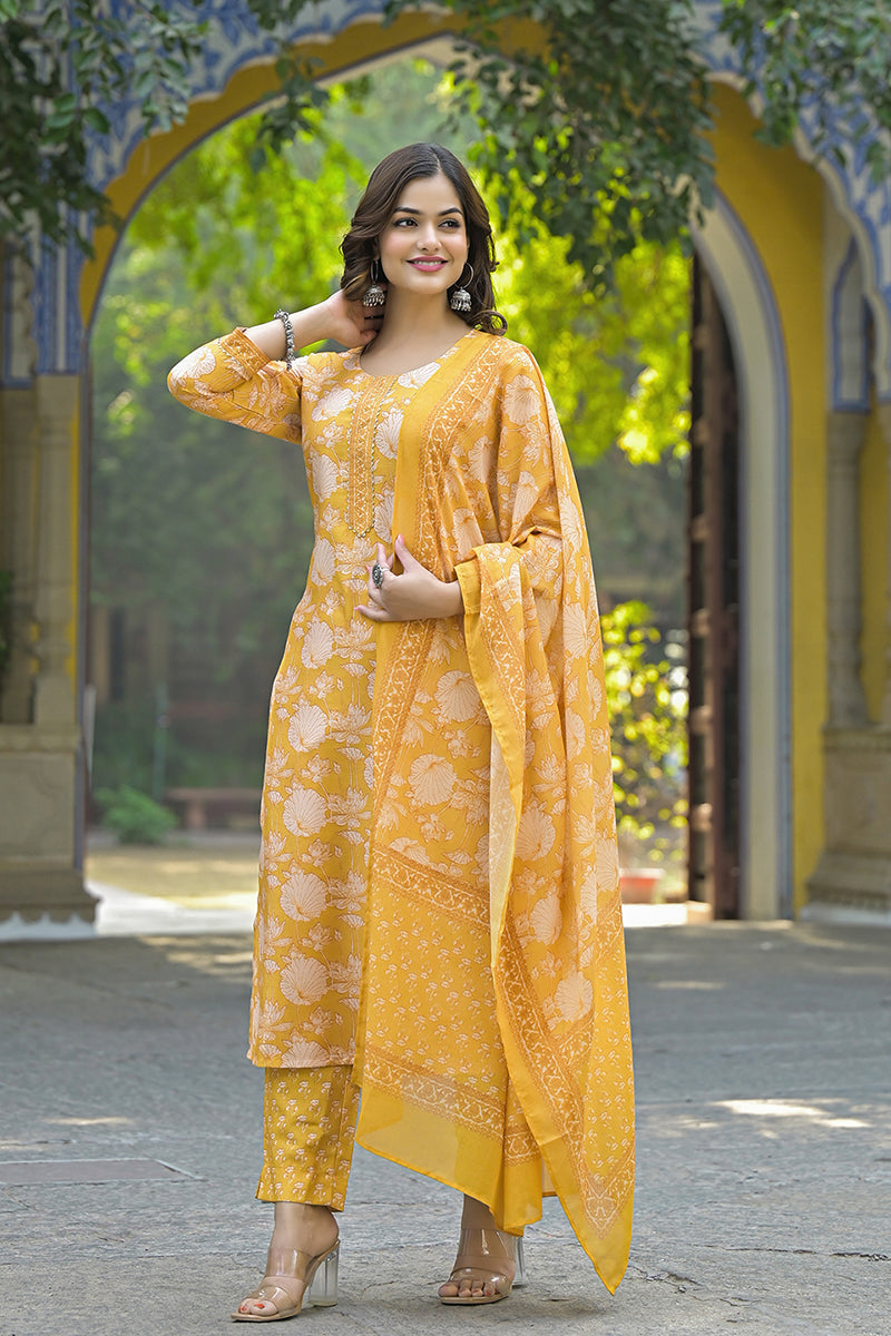 Yellow Rayon Blend Floral Printed Straight Kurta Suit Set VKSKD2309 | 