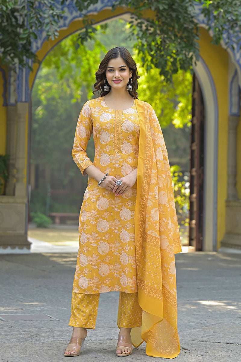 Yellow Rayon Blend Floral Printed Straight Kurta Suit Set VKSKD2309 | 