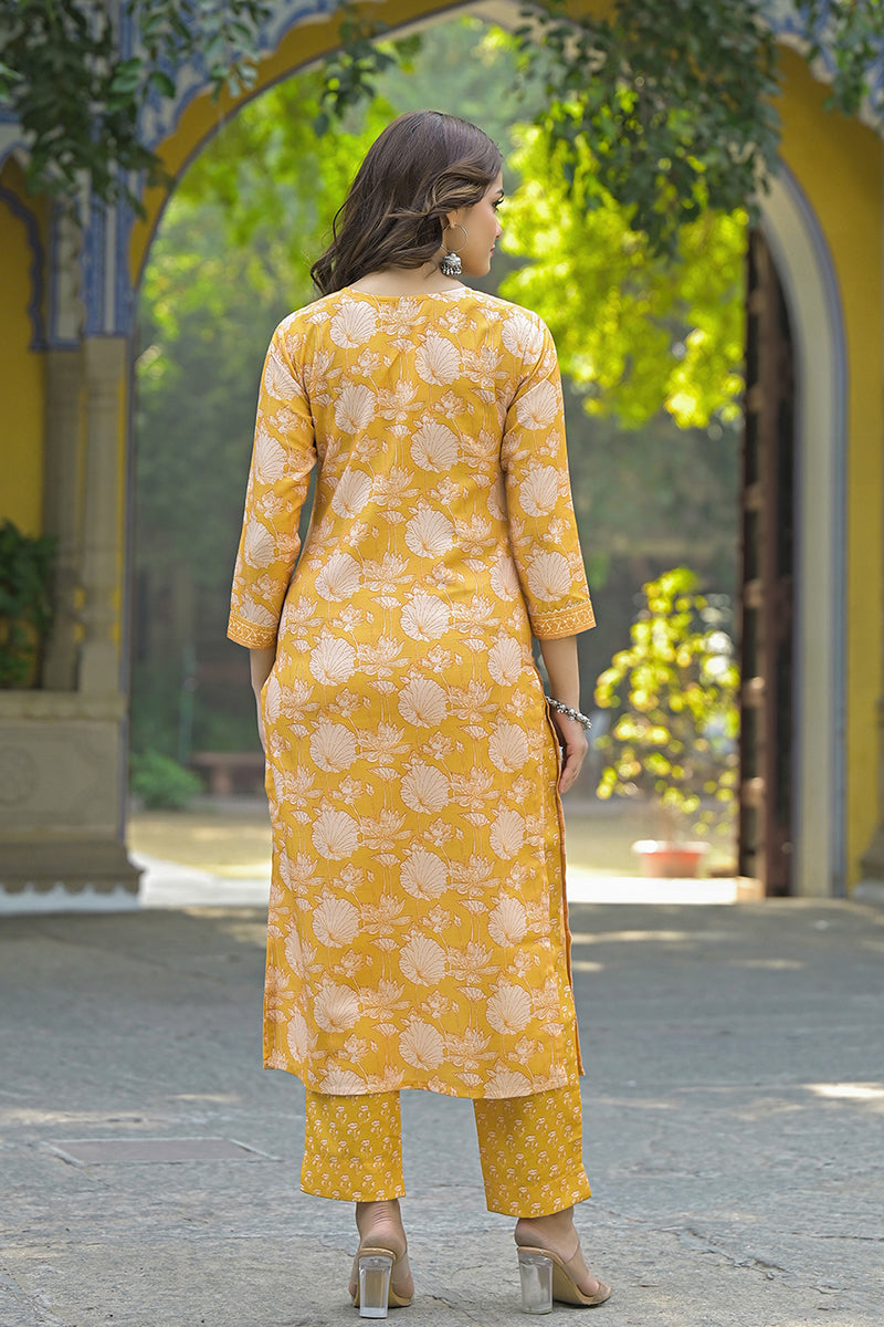 Yellow Rayon Blend Floral Printed Straight Kurta Suit Set VKSKD2309 | 