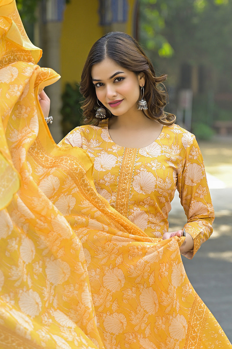 Yellow Rayon Blend Floral Printed Straight Kurta Suit Set VKSKD2309 | 