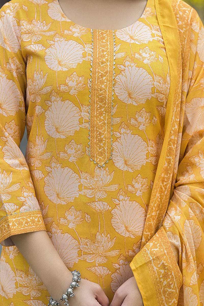 Yellow Rayon Blend Floral Printed Straight Kurta Suit Set VKSKD2309 | 