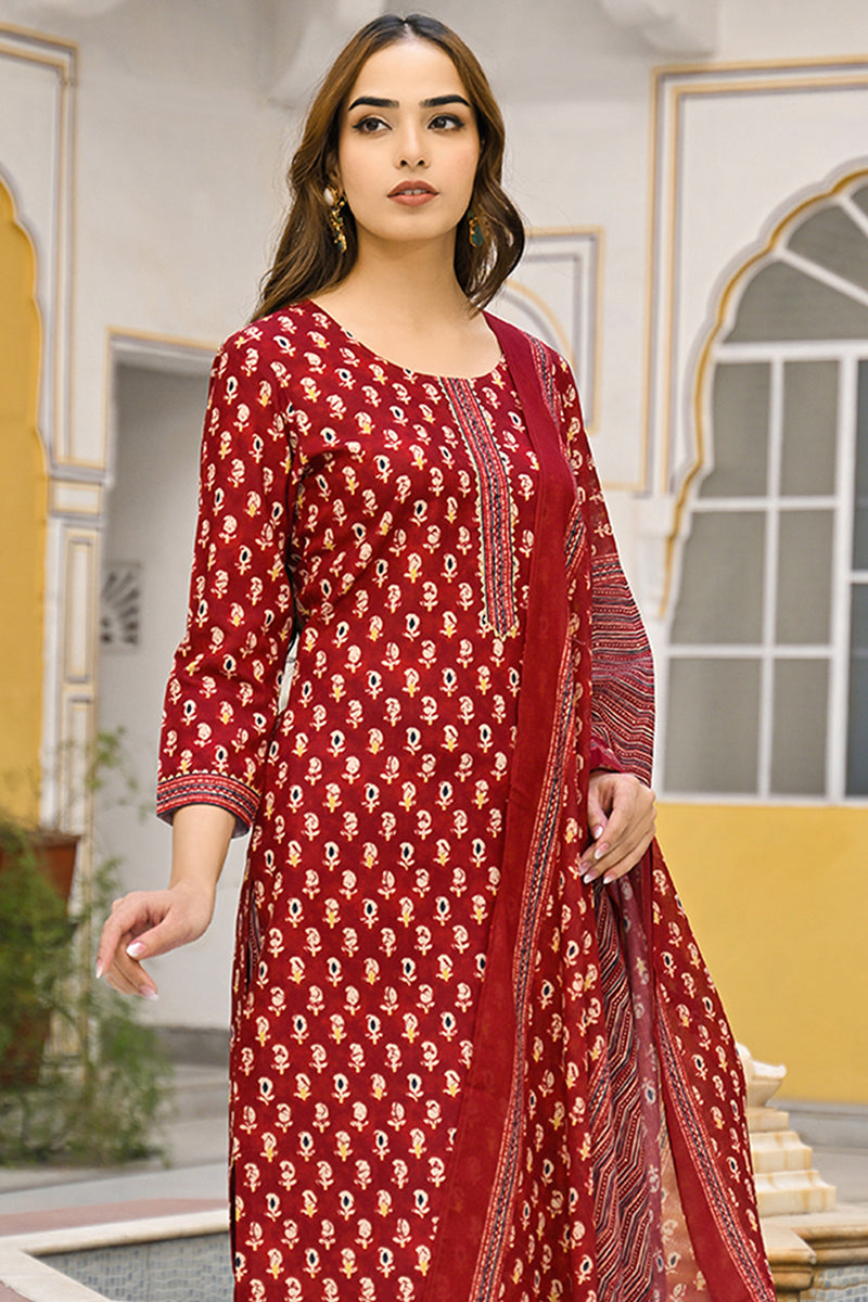 Maroon Rayon Blend Ethnic Motifs Straight Trouser Suit Set VKSKD2311 |