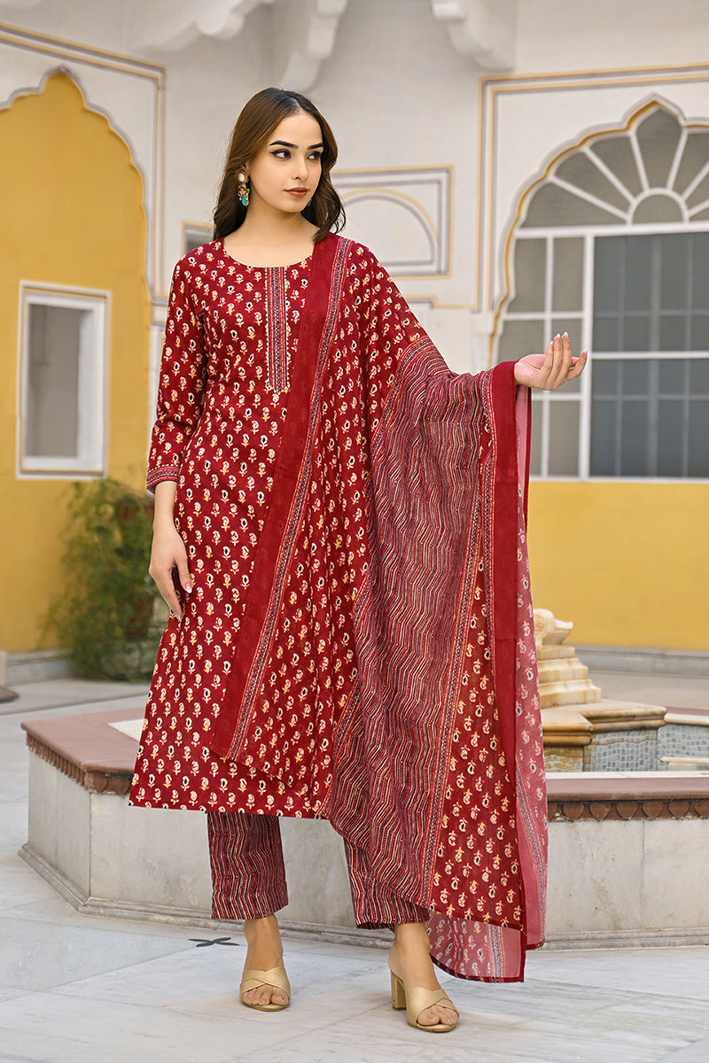 Maroon Rayon Blend Ethnic Motifs Straight Trouser Suit Set VKSKD2311 |