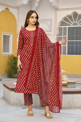 Maroon Rayon Blend Ethnic Motifs Straight Trouser Suit Set VKSKD2311