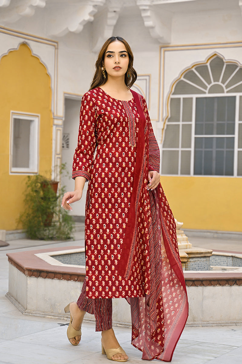Maroon Rayon Blend Ethnic Motifs Straight Trouser Suit Set VKSKD2311 |
