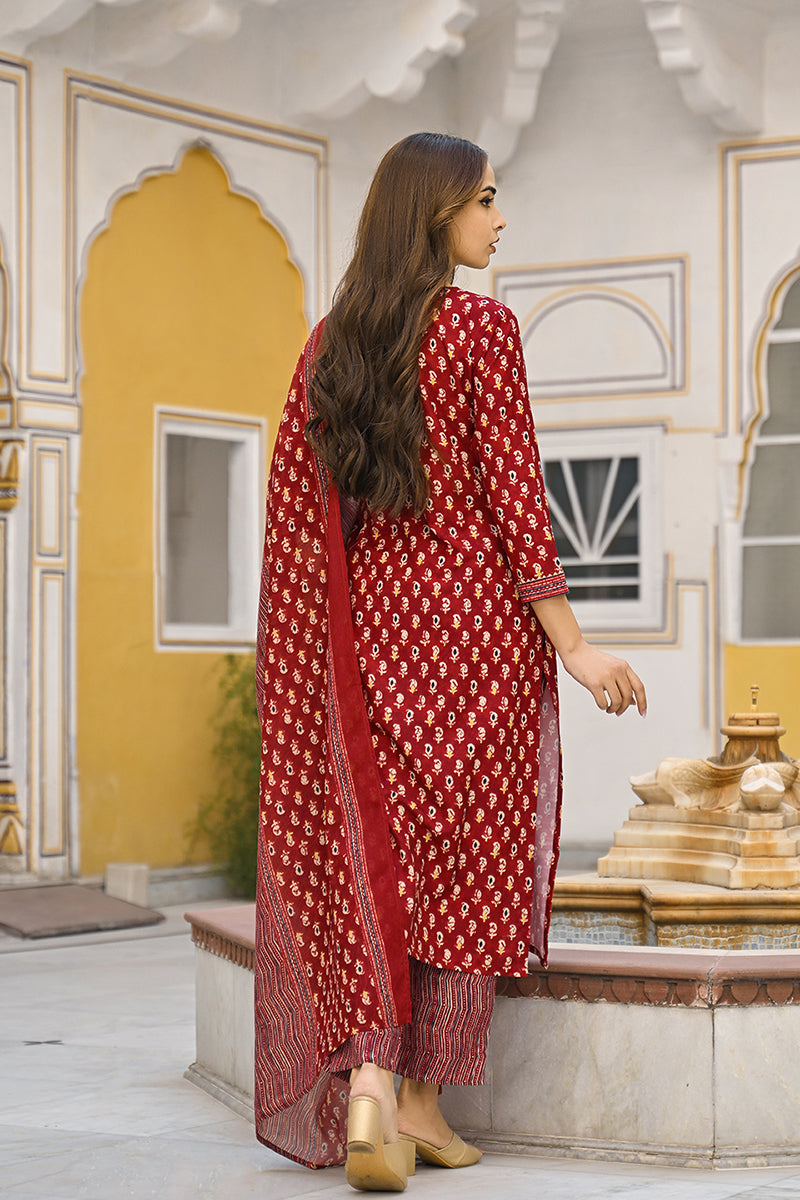 Maroon Rayon Blend Ethnic Motifs Straight Trouser Suit Set VKSKD2311 |