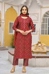 Maroon Rayon Blend Ethnic Motifs Straight Trouser Suit Set VKSKD2311