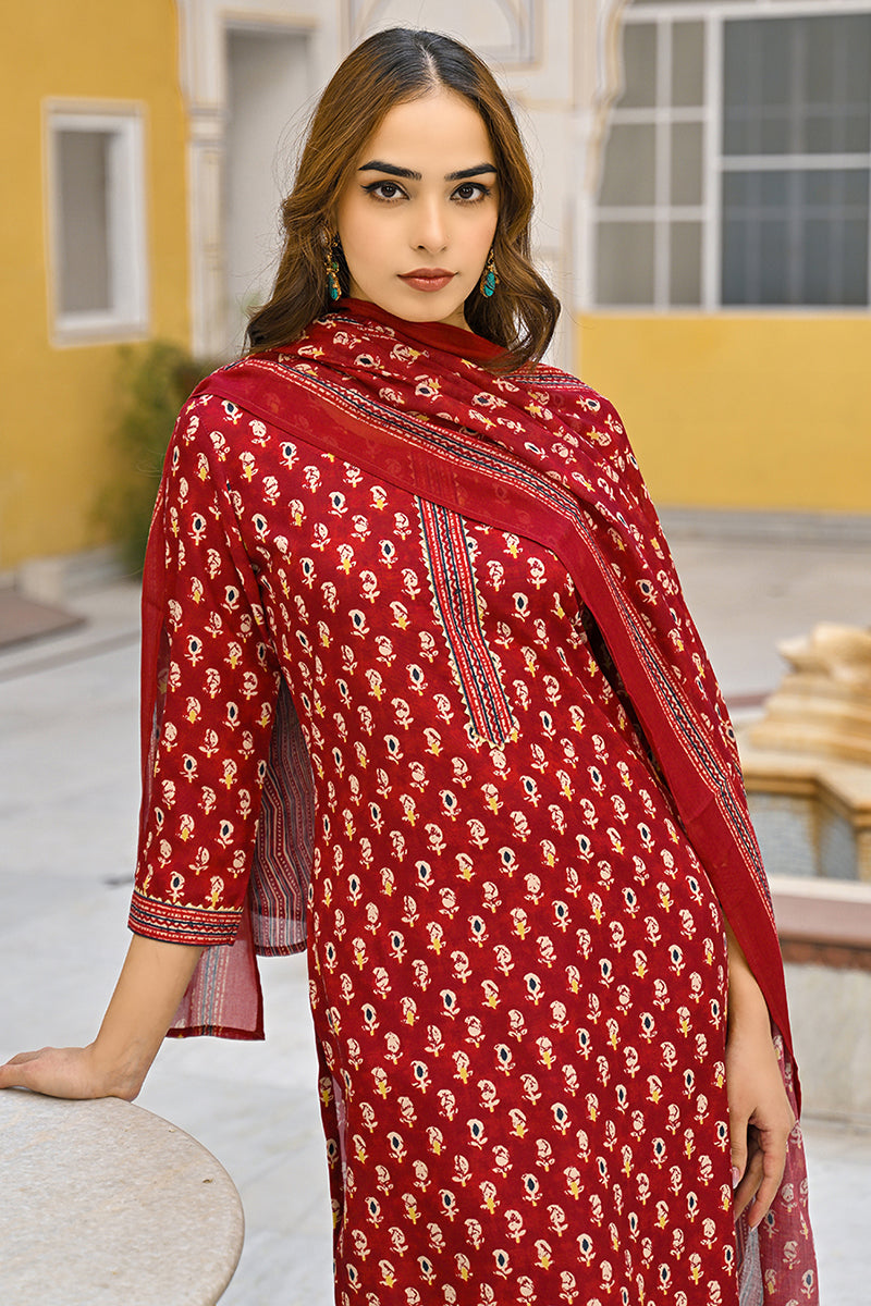 Maroon Rayon Blend Ethnic Motifs Straight Trouser Suit Set VKSKD2311 |