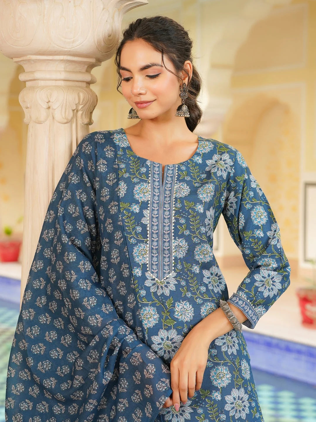 Women Blue Rayon Blend Floral Printed Straight Kurta Trouser With Dupatta