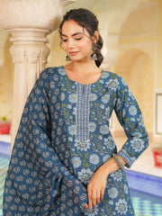 Women Blue Rayon Blend Floral Printed Straight Kurta Trouser With Dupatta-VKSKD2312
