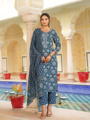 Women Blue Rayon Blend Floral Printed Straight Kurta Trouser With Dupatta-VKSKD2312
