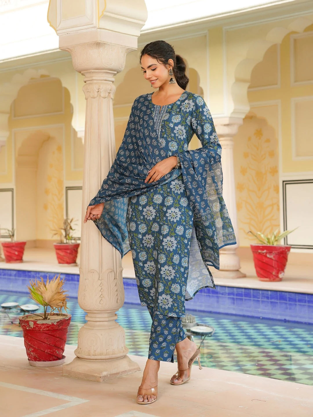 Women Blue Rayon Blend Floral Printed Straight Kurta Trouser With Dupatta
