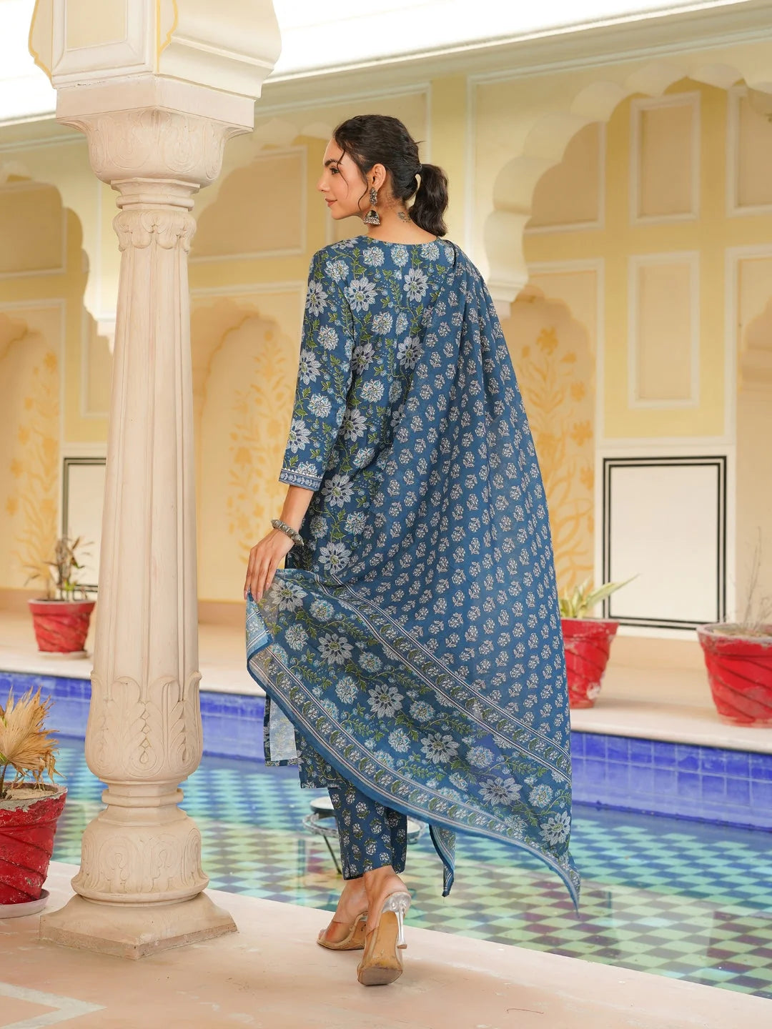 Women Blue Rayon Blend Floral Printed Straight Kurta Trouser With Dupatta