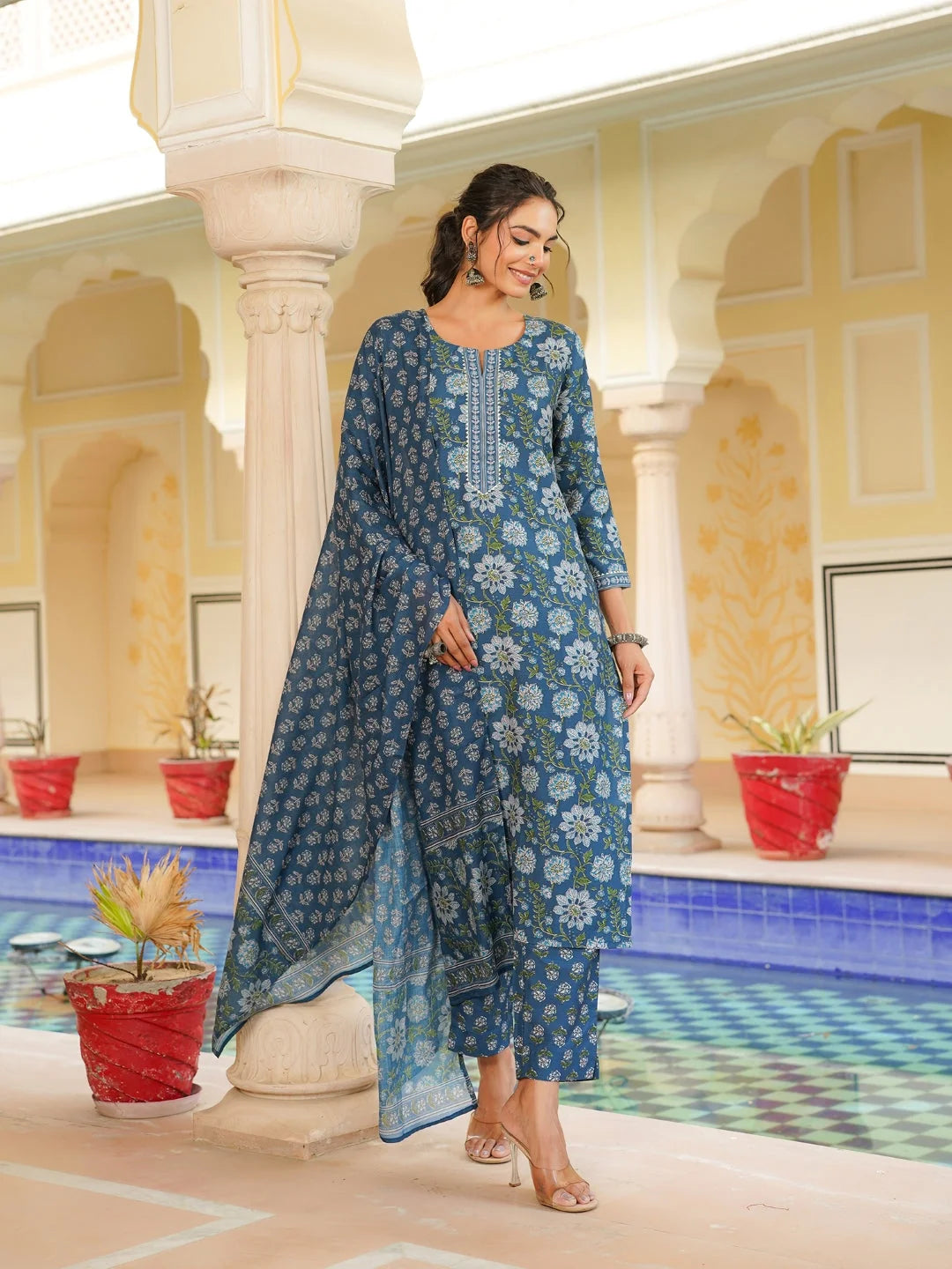 Women Blue Rayon Blend Floral Printed Straight Kurta Trouser With Dupatta