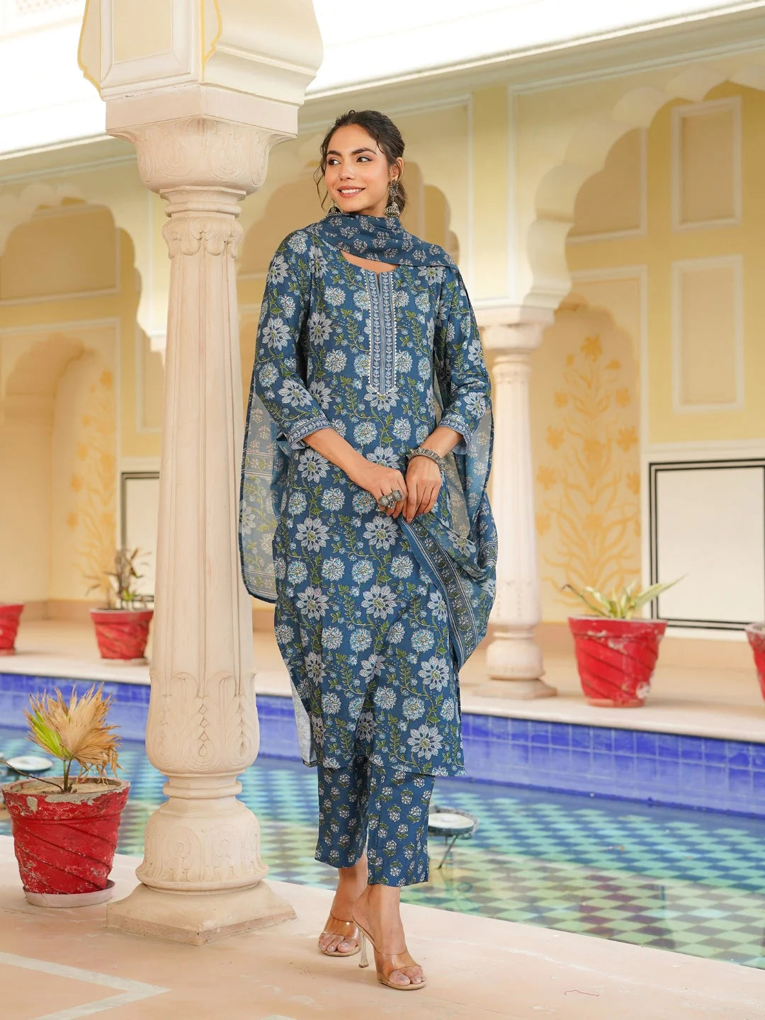 Women Blue Rayon Blend Floral Printed Straight Kurta Trouser With Dupatta