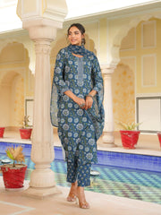 Women Blue Rayon Blend Floral Printed Straight Kurta Trouser With Dupatta-VKSKD2312