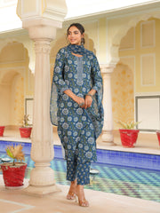 Women Blue Rayon Blend Floral Printed Straight Kurta Trouser With Dupatta-VKSKD2312
