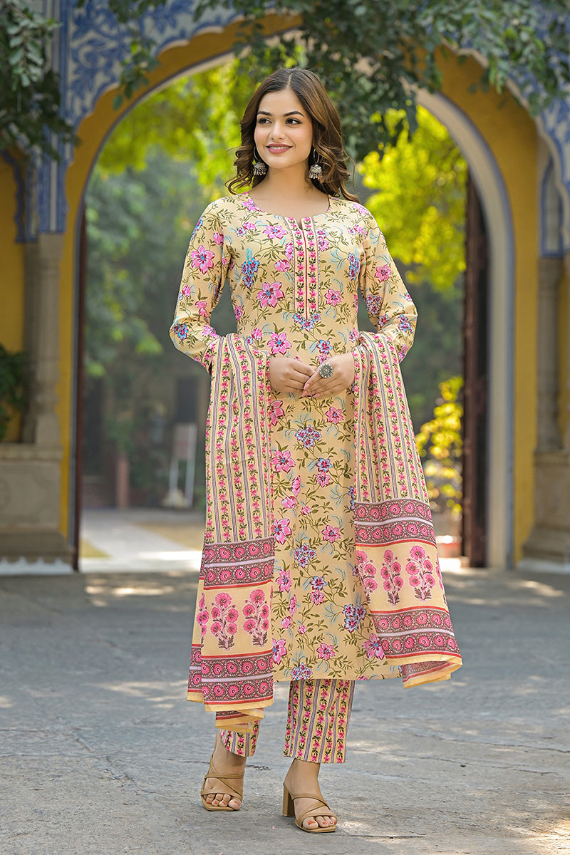 Yellow Rayon Blend Floral Printed Straight Suit Set VKSKD2314 | DesiQl