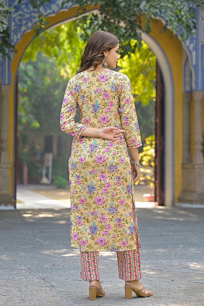 Yellow Rayon Blend Floral Printed Straight Suit Set VKSKD2314 | DesiQl
