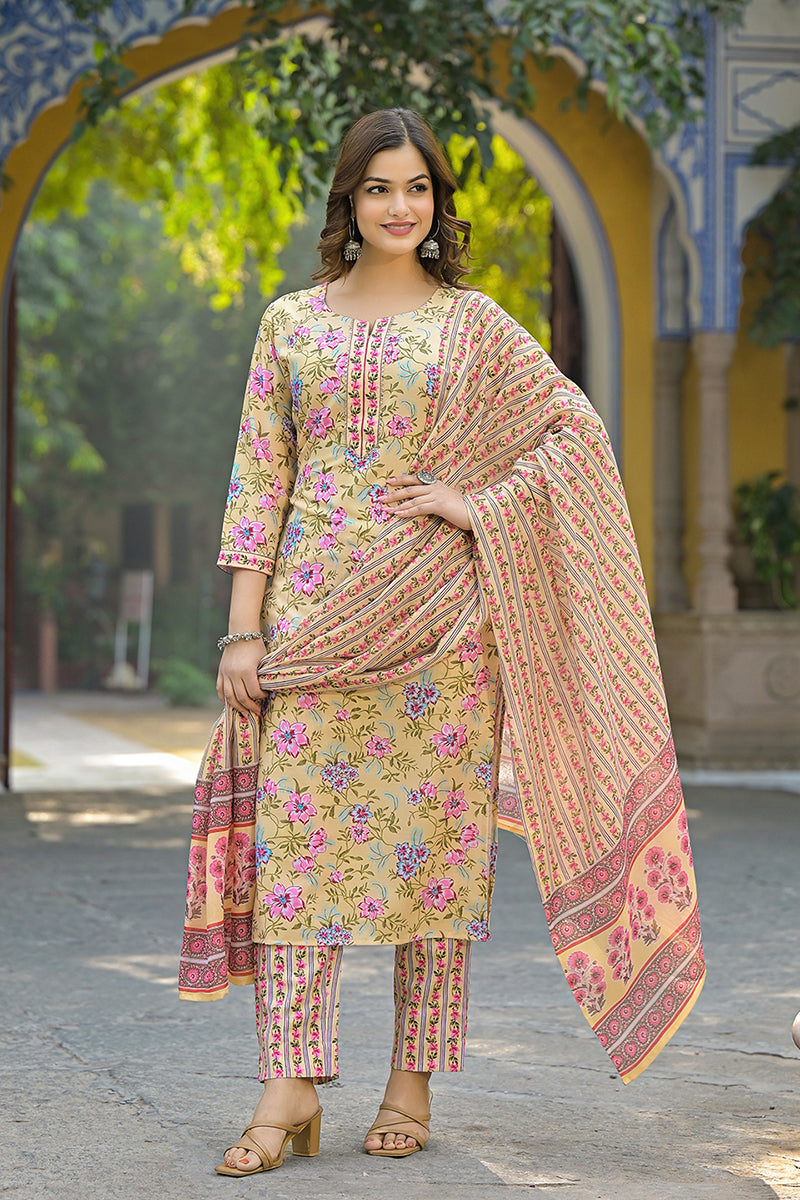 Yellow Rayon Blend Floral Printed Straight Suit Set VKSKD2314 | DesiQl