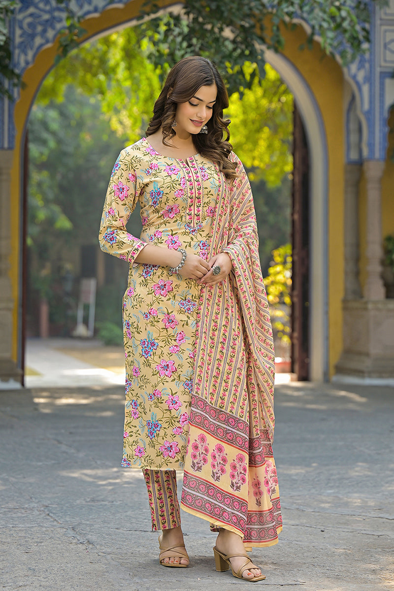 Yellow Rayon Blend Floral Printed Straight Suit Set VKSKD2314 | DesiQl