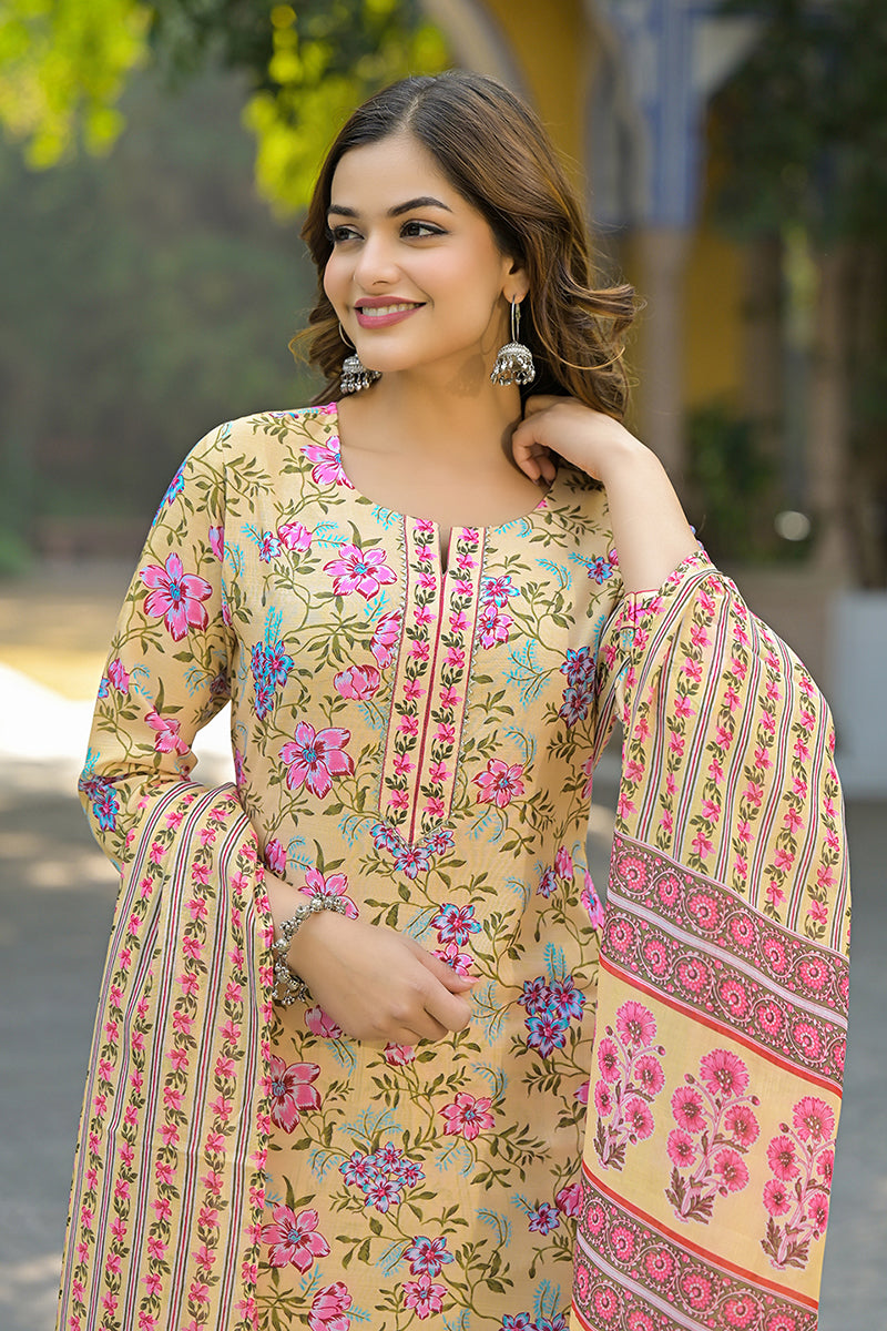 Yellow Rayon Blend Floral Printed Straight Suit Set VKSKD2314 | DesiQl