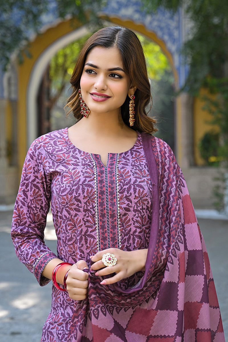 Pink Cotton Blend Floral Printed Straight Trouser Suit Set VKSKD2315 |