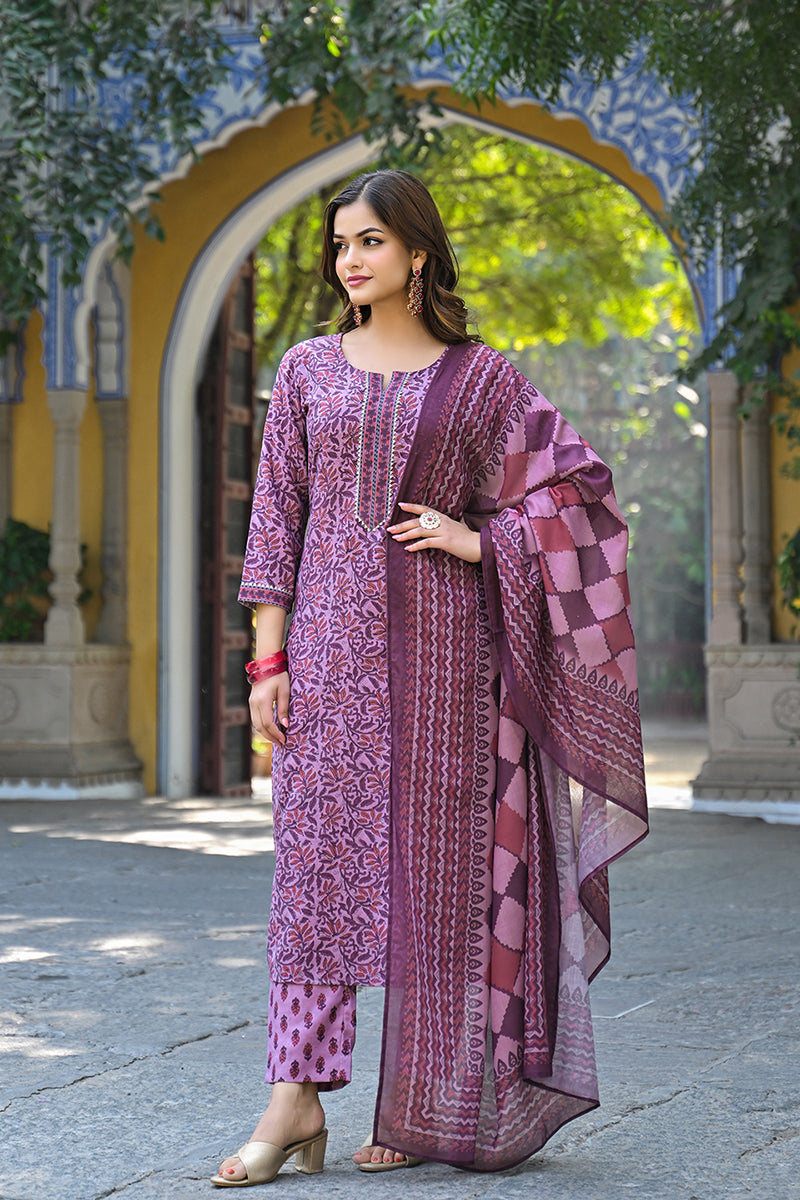 Pink Cotton Blend Floral Printed Straight Trouser Suit Set VKSKD2315 |