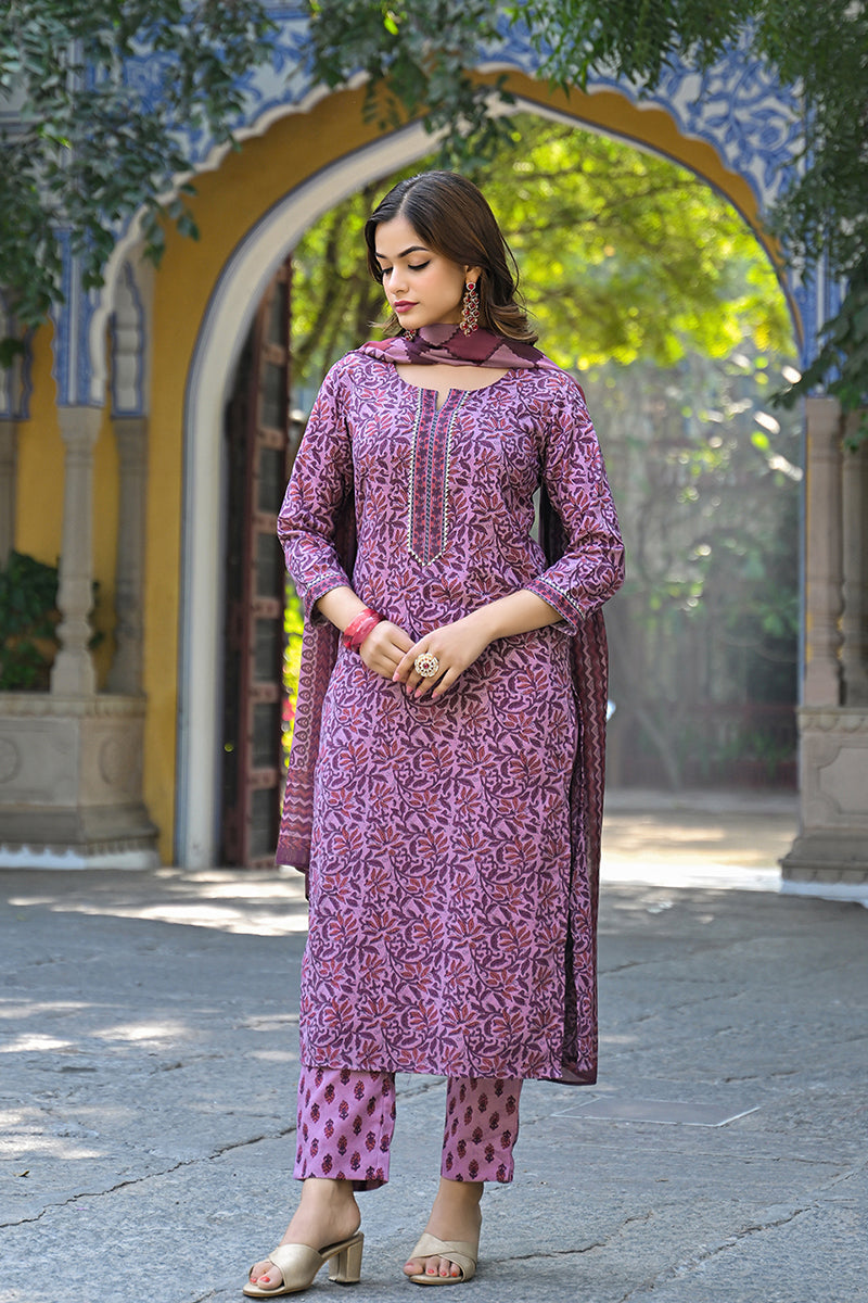 Pink Cotton Blend Floral Printed Straight Trouser Suit Set VKSKD2315 |