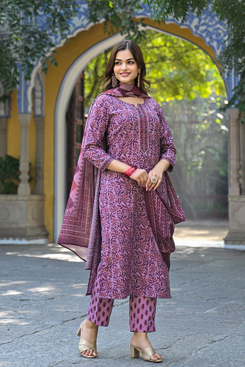 Pink Cotton Blend Floral Printed Straight Trouser Suit Set VKSKD2315 |