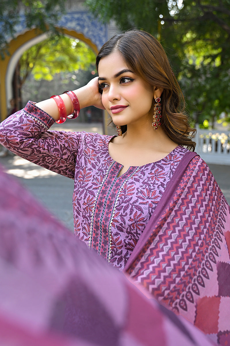 Pink Cotton Blend Floral Printed Straight Trouser Suit Set VKSKD2315 |