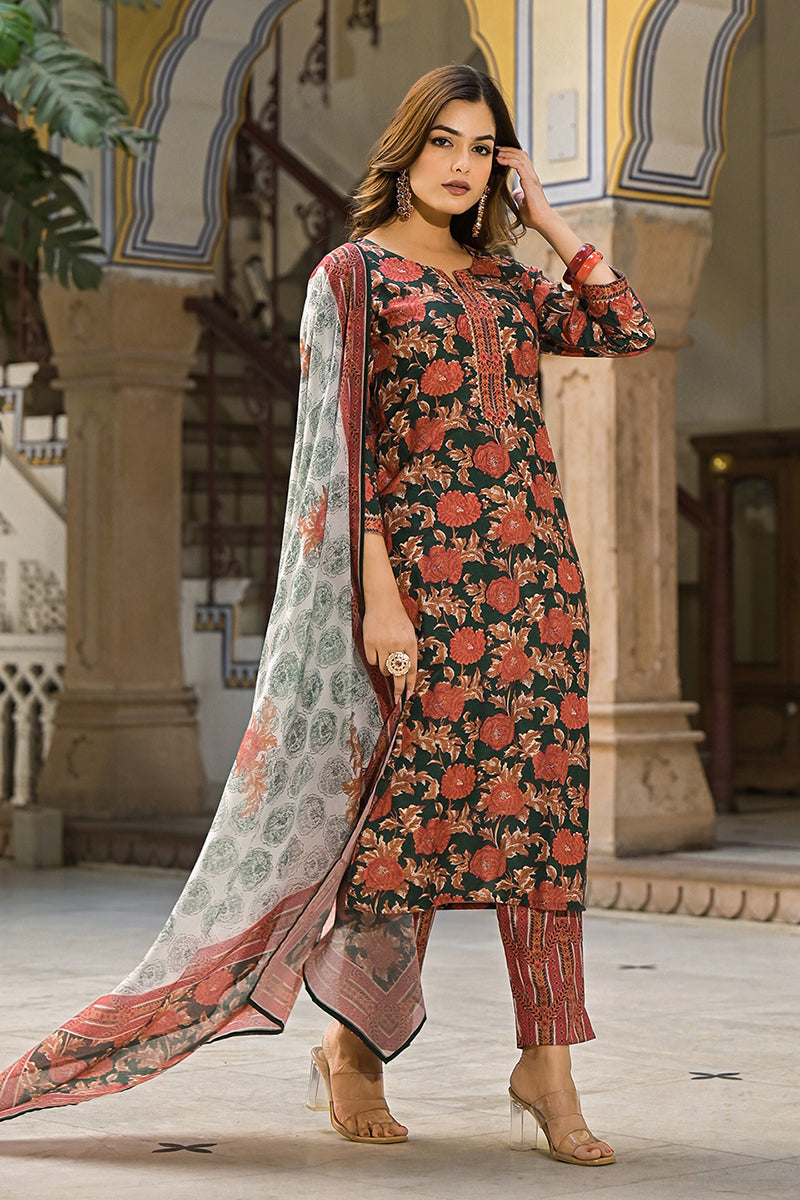 Green Rayon Blend Floral Printed Straight Trouser Suit Set VKSKD2316 |