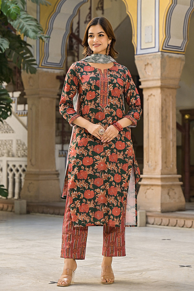 Green Rayon Blend Floral Printed Straight Trouser Suit Set VKSKD2316 |
