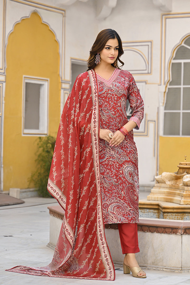 Red Rayon Blend Paisley Printed Straight Suit Set VKSKD2317 | DesiQlo