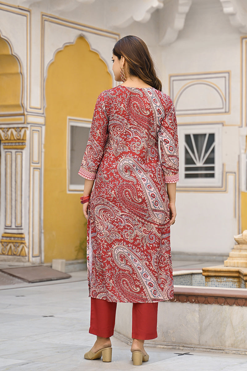 Red Rayon Blend Paisley Printed Straight Suit Set VKSKD2317 | DesiQlo