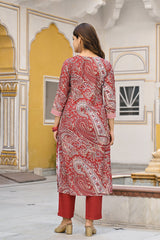 Red Rayon Blend Paisley Printed Straight Suit Set VKSKD2317