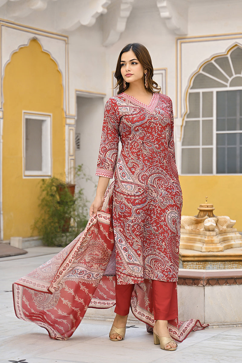 Red Rayon Blend Paisley Printed Straight Suit Set VKSKD2317 | DesiQlo