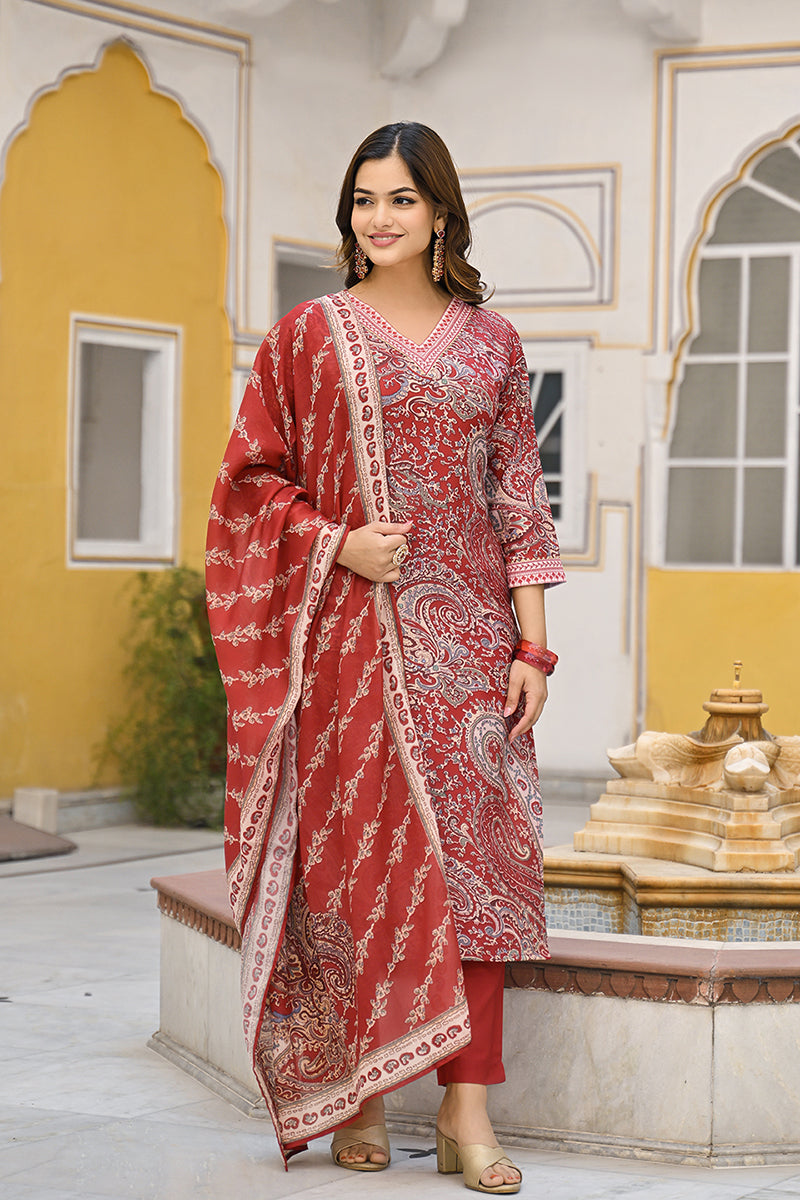 Red Rayon Blend Paisley Printed Straight Suit Set VKSKD2317 | DesiQlo