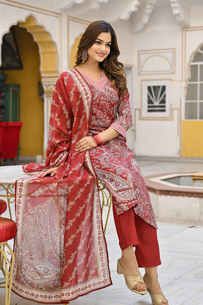 Red Rayon Blend Paisley Printed Straight Suit Set VKSKD2317 | DesiQlo