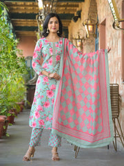 Women Green Rayon Blend Floral Printed Straight Kurta Trousers With Dupatta-VKSKD2323