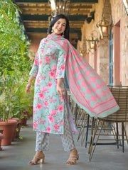 Women Green Rayon Blend Floral Printed Straight Kurta Trousers With Dupatta-VKSKD2323