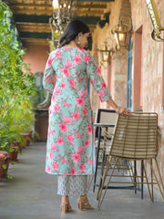 Women Green Rayon Blend Floral Printed Straight Kurta Trousers With Dupatta-VKSKD2323