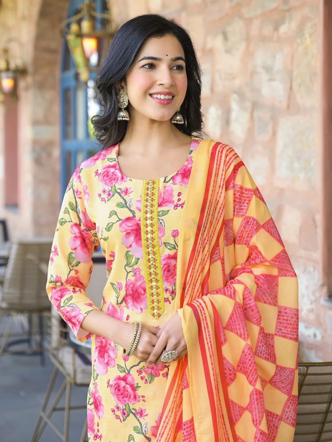 Women Yellow Rayon Blend Floral Printed Straight Kurta Trousers With Dupatta-VKSKD2324