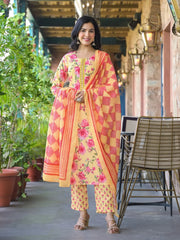 Women Yellow Rayon Blend Floral Printed Straight Kurta Trousers With Dupatta-VKSKD2324