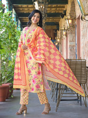 Women Yellow Rayon Blend Floral Printed Straight Kurta Trousers With Dupatta-VKSKD2324