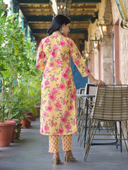 Women Yellow Rayon Blend Floral Printed Straight Kurta Trousers With Dupatta-VKSKD2324
