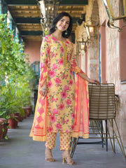Women Yellow Rayon Blend Floral Printed Straight Kurta Trousers With Dupatta-VKSKD2324