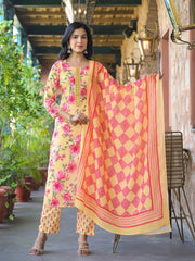 Women Yellow Rayon Blend Floral Printed Straight Kurta Trousers With Dupatta-VKSKD2324