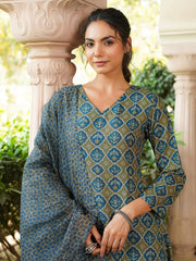 Women Olive Rayon Blend Floral Printed A-Line Kurta Palazzo With Dupatta-VKSKD2329