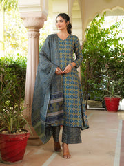 Women Olive Rayon Blend Floral Printed A-Line Kurta Palazzo With Dupatta-VKSKD2329